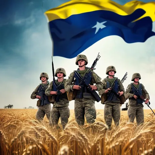 Prompt: soldiers, wielding Ukarine flag, in the middle of wheat field, clear sky, long shot, propaganda style, best quality, photographic, tank and artillery on the back, using only blue, yellow, white and black color