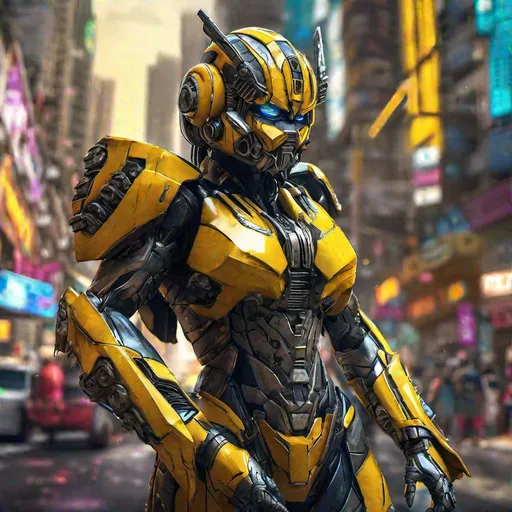 Prompt: Long shot super detailed photorealistic illustration, intricately detailed, South-Indian girl wearing armoured inspired by Bumblebee  from the Transformer series, highly detailed helmet in the design of Bumblebee's actual helmet, background is a brightly lit cyber city masterpiece photographic real digital ultra realistic hyperdetailed, soft focus, clean art, professional, colorful, rich deep color, concept art, CGI winning award, UHD, HDR, 8K, RPG, UHD render, HDR render, 3D render cinema 4D