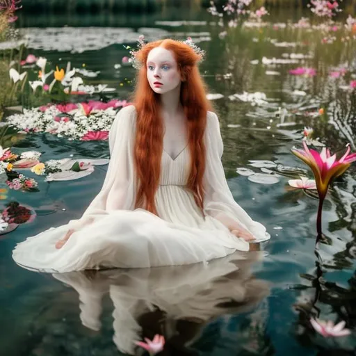 Prompt: beautiful ophelia woman wearing a white ethereal gown with long red hair partially floating on a lake surrounded by wildflowers and lily pads
