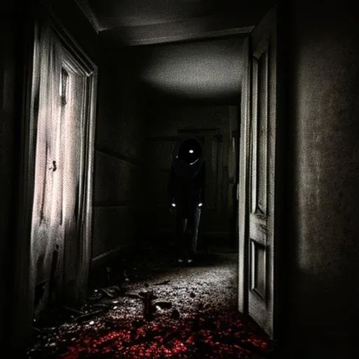 Prompt: exploring a demonic house and you see a ghost peek out from a corner with a scary face and red eyes
