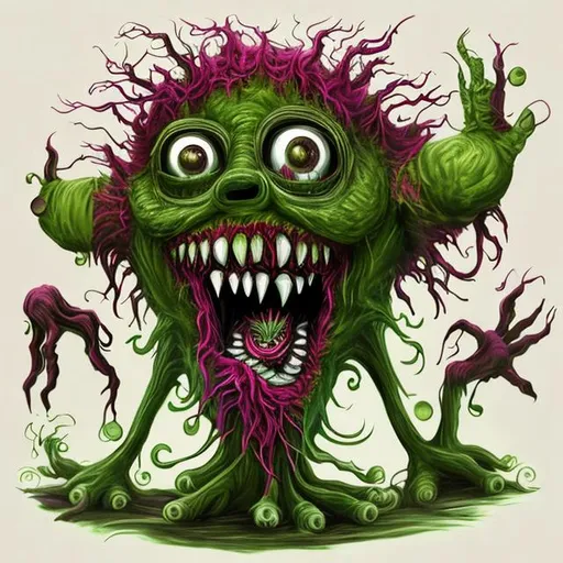 Prompt: flower monster, open mouth, teeth, scary, green, pink, red, art, not realistic, roots as legs and hands