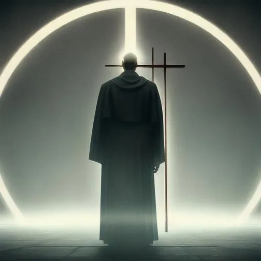Prompt: Priest standing in Front of a cross, art deco, sci fi, volumetric fog, omnious