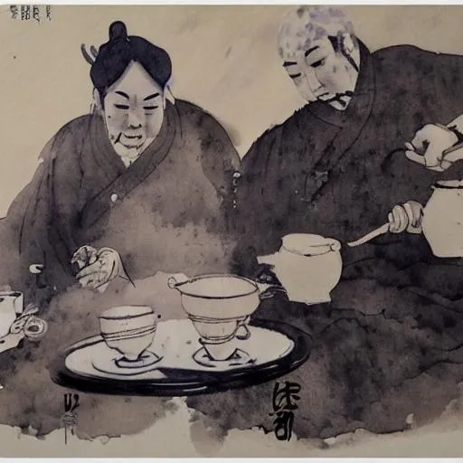 Prompt: Chinese ink wash painting style. A portrait painting. A poet is drink tea with a traditional tea set.


