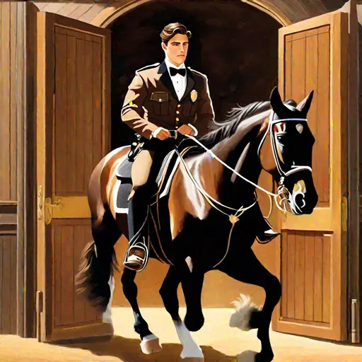 Prompt: Caleb  as a police officer (brown hair) (brown eyes) wearing a tuxedo, full body, riding a horse, pulling back on the reins, making the horse on its hind legs rearing  up, two large doors directly behind him, center, front-facing