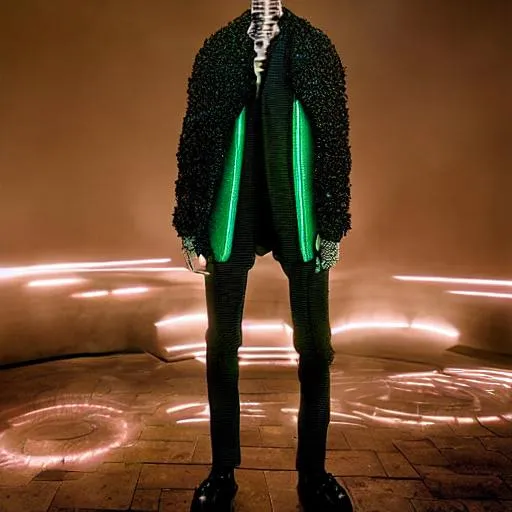 Prompt: In the heart of London, a male model with piercing green eyes and strong bone structure dons the latest Dior FW 2022 collection, featuring futuristic, cutting-edge outfits. The photograph, inspired by Tim Walker's surreal style, showcases the model against a backdrop of swirling fog and neon lights, evoking a sense of mystery and intrigue.