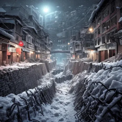 Prompt: fortress city, walls, trenches, barbed wire, winter, blizzard, hong kong walled city, small, scifi