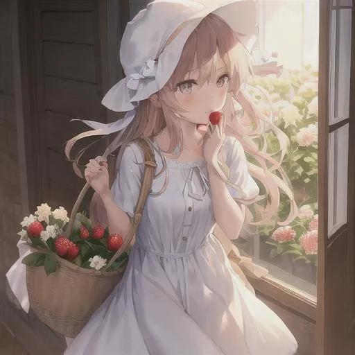 Prompt: anime girl, wearing a white hat with a ribbon, looking through windows, flowers, a basket of strawberries, hand on cheek, outside, cottage-core, looking out a window, dress, sunny
