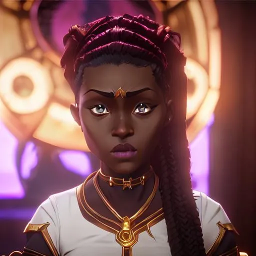 Prompt: UHD, 8K, Detailed, {{{masterpiece, masterful}}}, high res, detailed face, character concept, pretty dark-skinned girl, African girl with light-beige box braids, fierce golden red eyes, golden bracelets, pretty dark-skinned girl, moon headdress, African facial adornment, ram horns, character reference sheet, medium bust size, sharp eyes, simple background