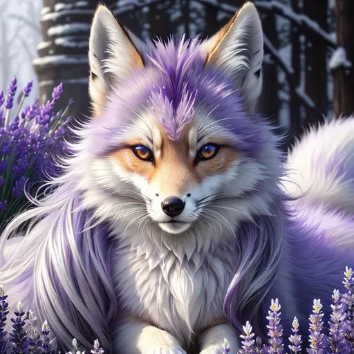 Prompt: (Best quality, highly detailed, professional oil painting, epic digital art, masterpiece:1.5) insanely beautiful wise silvery-lavender ((fox)), (quadruped), gleaming {amethyst eyes}, sharp 8k eyes, thick extravagant sparkling lavender fur covered in frost, extravagant bushy tails, voluminous frosted mane, (plump), {purple mountain peaks}, (brilliant auroras), glistening (moonlight), pink twilight sky, UHD, HDR, studio quality, vibrant, cold colors, neon colors, vivid colors, full body focus, relaxing in frosted meadow, intricately detailed fur, beautifully detailed expressive eyes, intricately detailed face, highly detailed background, highly detailed mouth, vibrant, vivid colors, 64K, 3D, unreal engine, perfect composition, Yuino Chiri
