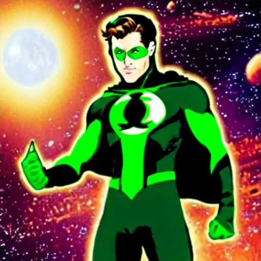 Prompt: Hal Jordan Ryan Reynolds Inspired, Green-Glowing-Cape floating in deep outer-space 