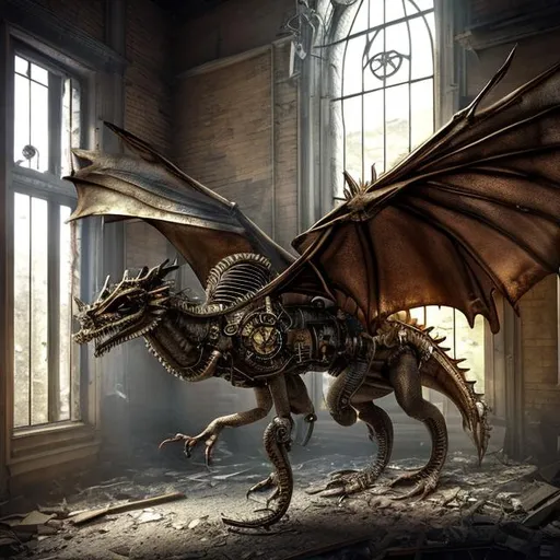 Prompt: a steampunk dragon with large wings roaming through an abandoned building 