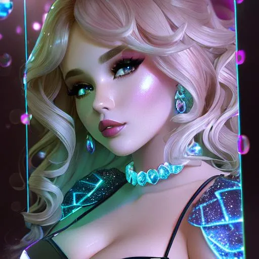 Prompt: Beautiful and sweet girl of warm glaze, wearing vaporous mini dress, discrete make up, glowing up, large curly black marine blue hair, light sparkles, drapping, big lips, pink cheeks, translucid, unreal engine 148k octane, 3d lightning, stellar clouds, quartz and opal, gem rain, soft white skin, long wavy hair, nice smile, luminous chest, fantasy, silence