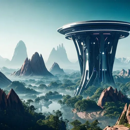 Prompt: A beautiful vista of a breathtaking, alien world with a small city of futuristic architecture.