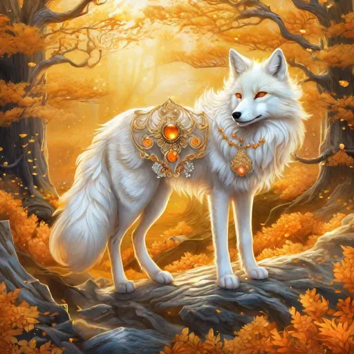 Prompt: (masterpiece, hyper detailed, epic digital art, professional illustration, fine colored pencil), white-gold ((kitsune)), (canine quadruped), nine-tailed fox, dreamy amber eyes, fuzzy {white-gold pelt}, (golden necklace with brilliant orange gemstone), billowing golden mane, adolescent runt vixen fox, in an enchanted garden, cliffside, overlooking river, majestic sunrise, beaming sunlight, gold ambient light, by Anne Stokes, possesses ice, timid, curious, cautious, nervous, alert, expressive bashful gaze, slender, scrawny, fluffy gold mane, (frost) on face, extremely beautiful, dynamic perspective, frost on fur, fur is frosted, sparkling ice crystals in sky, sparkling ice crystals on fur, fluffy fox ears, sparkling rain falling, dreamy, melodic, highly detailed character, petite body, large ears, full body focus, perfect composition, trending art, 64K, 3D, illustration, professional, studio quality, UHD, HDR, vibrant colors