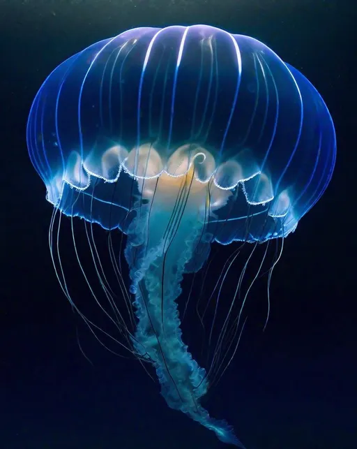 Prompt: An ethereal moon jellyfish floats gracefully in the deep blue ocean, its translucent body pulsating with an otherworldly glow. Delicate tentacles drift below the undulating umbrella as subtle beams of sunlight filter down through the rippling water above. Photographed underwater using a Nikonos V with 15mm lens, capturing the nuanced details and natural movements of the jellyfish with an environmental portrait style. In the marine aesthetic of Alberto Ghizzi Panizza.