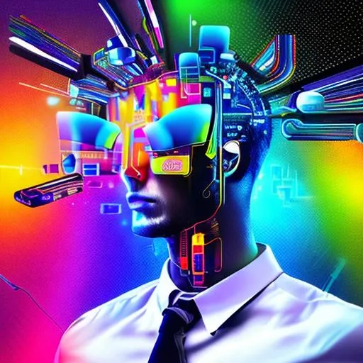 Prompt: Human on smartphone, futuristic, head explodes of all technology into colors, 