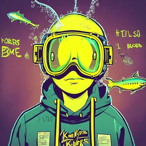 Prompt: I would like  guy behind a monitor typing on a keyboard wearing airplane goggles with yellow frames wearing a hoodie and on the hoodie it says in Tex King bobbers with fishing bobbers all around it and the person on the hoodie blowing it big huge bubble outcome