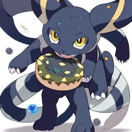 Prompt: a pokemon based off a tiger with shadow powers and soul powers and dragon wings also mostly black and white mew two  mega Charizard x and is eating a cookie