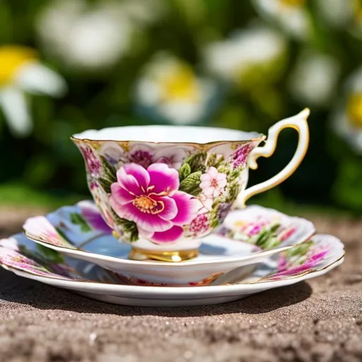 Prompt: floral teacup set on the ground of a beautiful garden 4k realistic detailed  