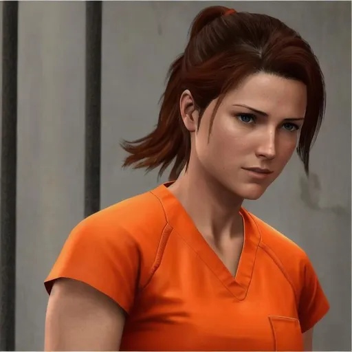 Prompt: claire redfield in prison wearing orange scrubs prison uniform