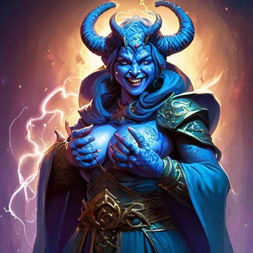 Prompt: Thick, female, tiefling dnd mage, casting spell with hands, smiling, blue skin, intricate robe, beautiful face, action pose, dynamic colors, dynamic shadows, dynamic lighting, geoff johns, jason fabok, jason fabok, brad anderson, splash art
