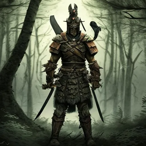 Prompt: a warrior in lonely forest