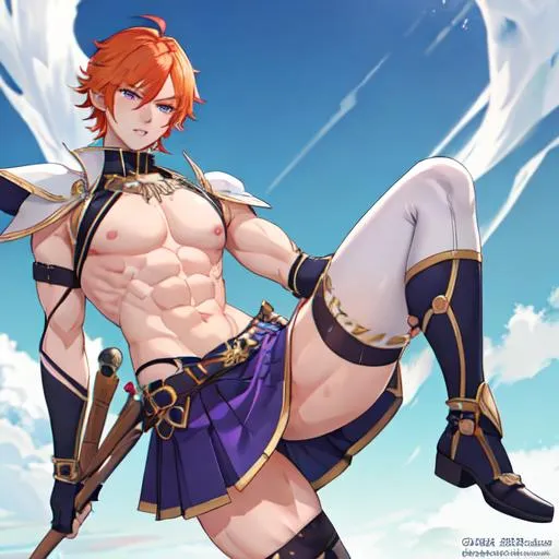 Prompt: Erikku male (short ginger hair, freckles, right eye blue left eye purple) muscular, UHD, 8K, Highly detailed, insane detail, best quality, high quality. wearing a skirt, wearing thigh highs