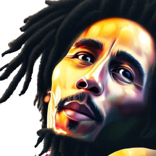 Prompt: dreamy portrait of Bob marley with sharp brown eyes, upper body visible, ultra realistic, highly detailed, hd, sharp focus, cinematic lighting, mood lighting, realistic, photorealistic, vivid colors, photograph, digital art, non blurry, sharp, artstation, concept art, smooth, illustration
