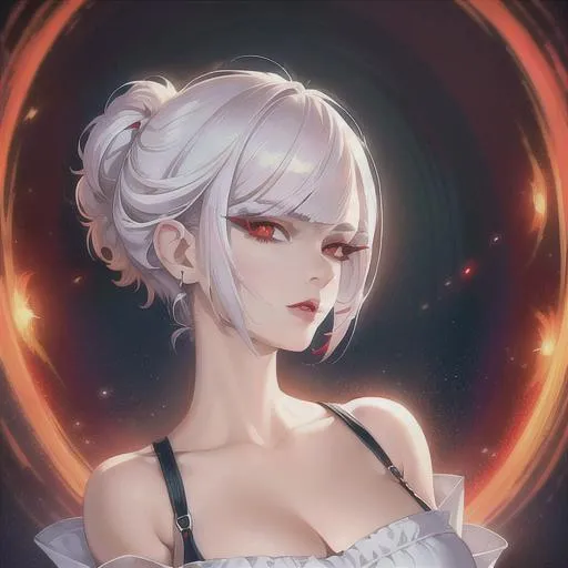 Prompt: (masterpiece, illustration, best quality:1.2), pixie cut hairstyle, white hair, devilish red eyes, Japanese style nightgown, best quality face, best quality, best quality skin, best quality eyes, best quality lips, ultra-detailed eyes, ultra-detailed hair, ultra-detailed, illustration, colorful, soft glow, 1 girl