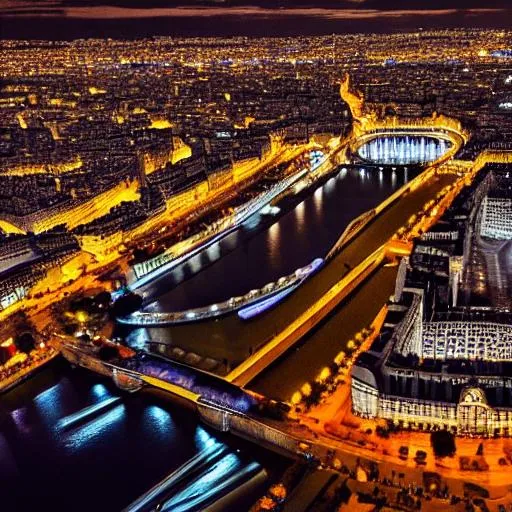 Prompt: drone photo of paris, over the effiel tower at night