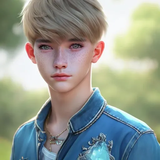 Prompt: Realistic photorealistic 4k hd fanart of young 17 years old cute and pretty youthfully unblemished handsome boy, stunning handsomeness and youthful beauty, slightly tanned skin with freckles, crystal azure eyes, straight blonde hair styled in korean bowl cut with shaved undercut. IMPORTANT: straight hair casket korean bowl haircut with shaved undercut, blonde hair
