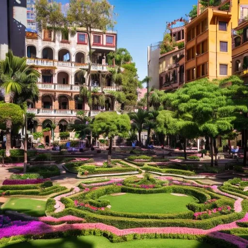 Prompt: A beautiful garden plaza surrounded by buildings