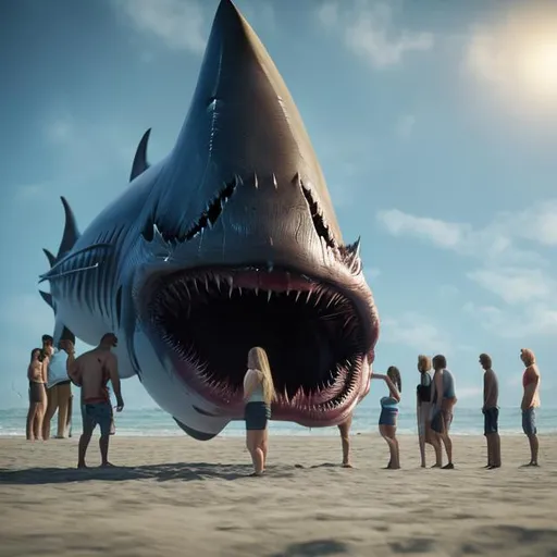 Prompt: Photorealistic image of people stood around an alien shark at the beach 