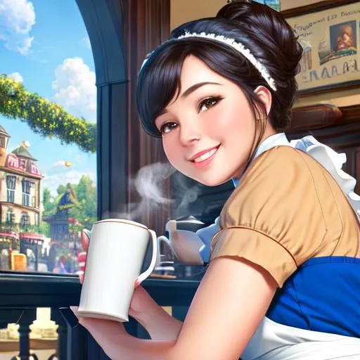 Prompt: 4K, 16K, picture quality, high quality, highly detailed, hyper-realism, cozy cafe, you're greeted by the charming maid with a welcoming smile. Her apron is neatly tied around her waist, and her hair is styled in a cute bun. You notice how she expertly carries the tray of steaming hot beverages to the customers, making sure each cup is placed perfectly on the saucer. As you sip your coffee, you can't help but admire the cafe maid's graceful movements and attention to detail.