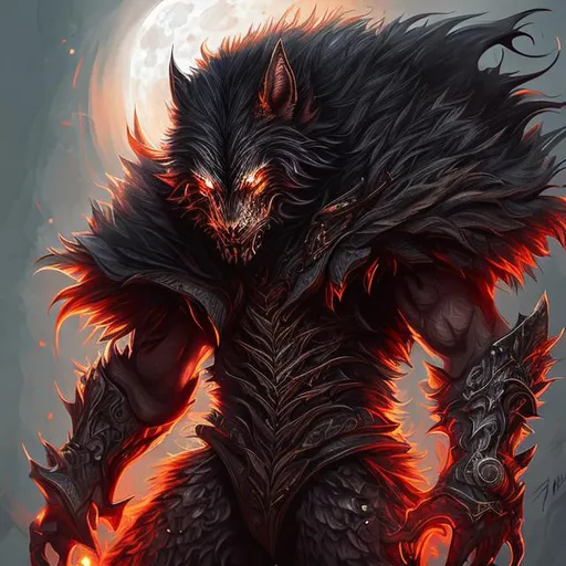 Prompt: chibi werewolf in lovecraft style, metal fur, large expressive red eyes, blood moon background, sharp features, highly detailed, digital painting, sharp focus, art by Artgerm 