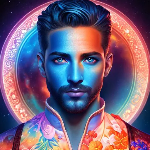 Prompt: magic realism, a photorealistic digital fantasy art of a monocular one-eye greek cyclopean male, single eye embedded in forehead, extremely detailed galaxy-swirled central eye, detailed realistic face, extremely detailed deep blue skin texture, peach fuzz, short tussled hair, wearing bright color floral medical scrubs, medical doctor outfit, full outfit, masterpiece, absurd res, award winning photo, nikon d850 film stock photograph, kodak portra 400 camera f1.6 lens, extremely detailed, amazing, fine detail, rich colors, hyper realistic lifelike texture, dramatic lighting, dynamic pose, unreal engine, trending on artstation, cinestill 800 tungsten, looking at the viewer, photo realistic, RAW photo, high quality, highres, sharp focus, extremely detailed, cinematic lighting, 8k uhd, background is fantasy tavern,