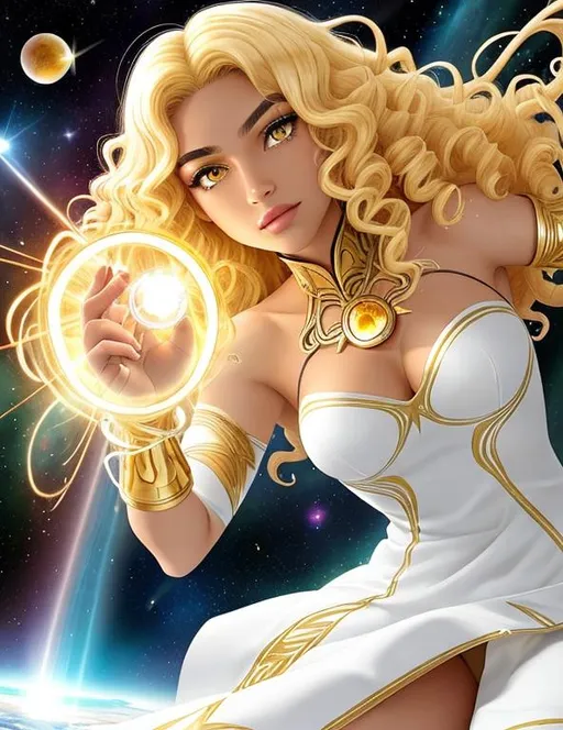 Prompt: A beautiful 15 year old ((Latina)) light elemental with light brown skin and a beautiful face. She has curly yellow hair and yellow eyebrows. She wears a beautiful white dress with gold. She has brightly glowing yellow eyes and white pupils. She wears a gold tiara. She has a yellow aura around her. She is using light magic in battle against a giant space monster. Epic battle scene art. Full body art. {{{{high quality art}}}} ((goddess)). Illustration. Concept art. Symmetrical face. Digital. Perfectly drawn. A cool background.