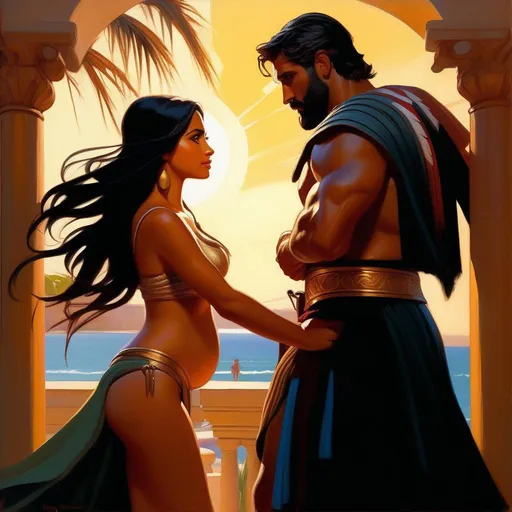 Prompt: King Leonidas impregnating Puerto Rican girl, pale olive skin, black hair, brown eyes, San Juan, sunny hot weather, warm atmosphere, cartoony style, extremely detailed painting by Greg Rutkowski and by Henry Justice Ford and by Steve Henderson 

