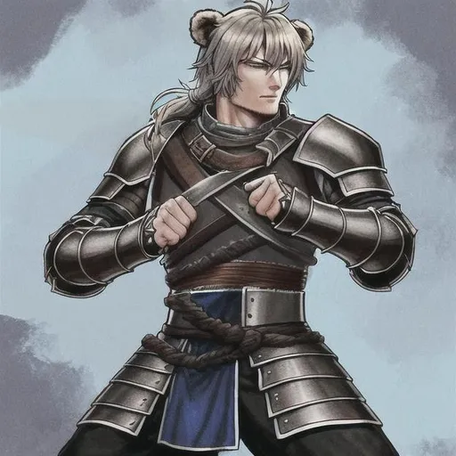 Prompt: Draw a Demihuman that has a human face but has bear ears and a nose, he is around 25 years old and looks handsome, he is also wearing a Viking heavy armour, and the armour has blue straps of cloth as details. He also holds a longsword in two hands and is in a fighting stance. 