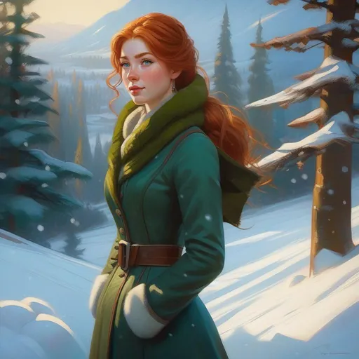 Prompt: Third person, gameplay, Udmurt girl, pale skin, ginger hair, freckles, green eyes, Siberia, snow, cold atmosphere, cartoony style, extremely detailed painting by Greg Rutkowski and by Henry Justice Ford and by Steve Henderson 