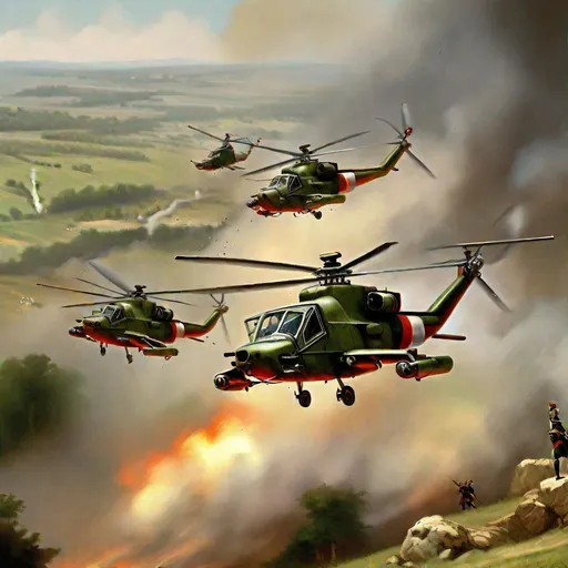 Prompt: Napoleonic War, Hill, Painting Art, attack helicopters