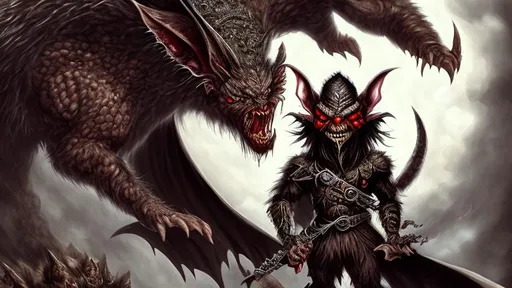 Prompt: {{{Small Male Goblin with Red eyes and pointed teeth}}}, {{Holding a black dagger}}, {Sinister, Evil}, High Quality, Hyper Detailed, Intricate Detail, Dark Colors