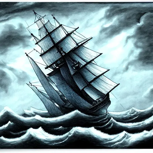 Prompt: trade ship in the storm sea art work by ink 