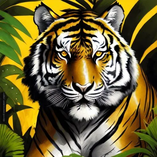 Prompt: A black and gold tiger in a jungle next to a scarlet makaw