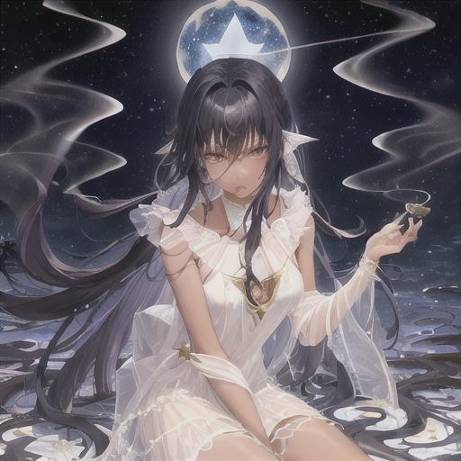 the star tarot card, anime girl with long black hair