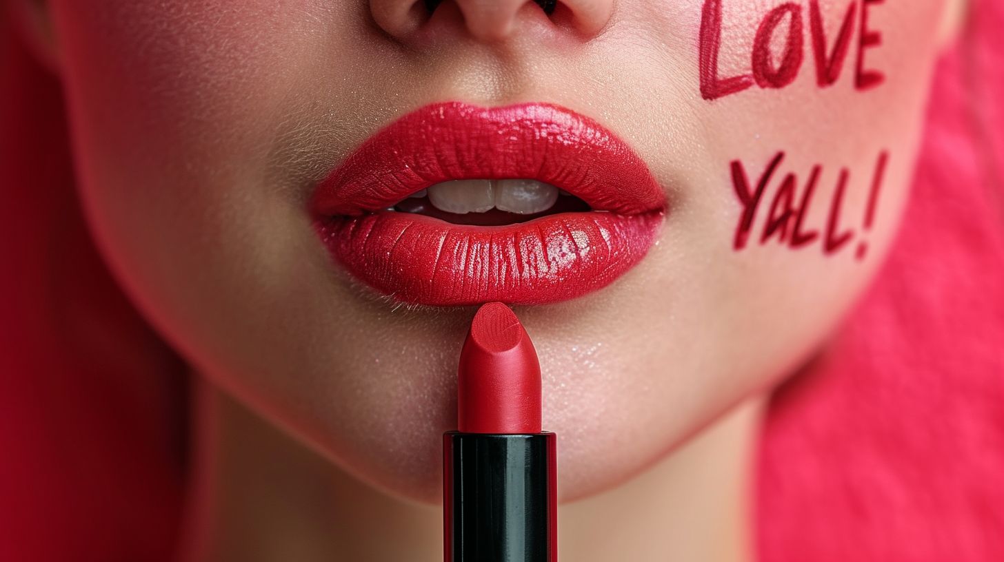 Prompt: close-up lips lip-stick mark on a white napking with text "LOVE YOU ALL!"