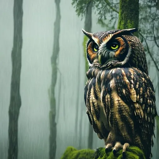 Prompt: beautiful rainy forest and an owl 