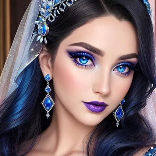 Prompt: a Sapphire lady, feminine elegant princess ,  dark hair, large blue eyes, wearing jewls in her hair,  beautiful makeup, blue eyeshadow, dark pink lipstick, facial closeup