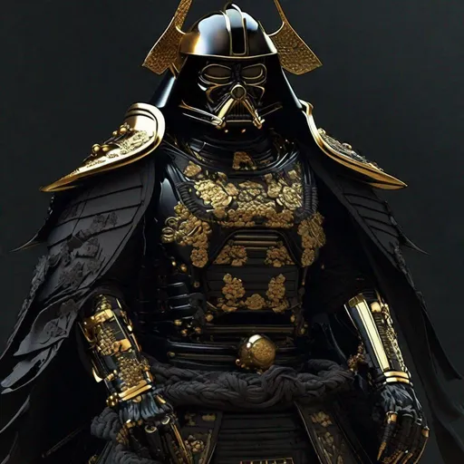 Prompt: "Darth vader as a samurai, black armor with thin gold embellishments, Scifi factory art 4k, anubis god concept artstation, samurai 3d model, techwear Pinterest, wasp robot art (detailed)"