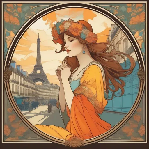 Prompt: Please create a French style poster in the style of Alphonse Mucha of a beautiful perfectly proportioned woman in a Parisian street scene. Bright colours 
 